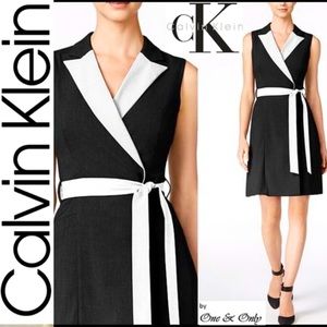CALVIN KLEIN COLOR BLOCK BLACK WHITE WRAP DRESS BELT COLLAR